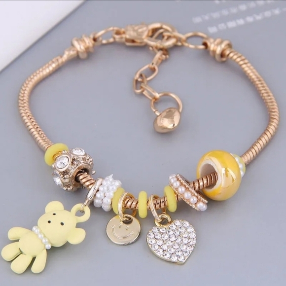 Heart and Teddy Bear Charm Bracelet Yellow Zircon Heart Charm - Picture 1 of 5